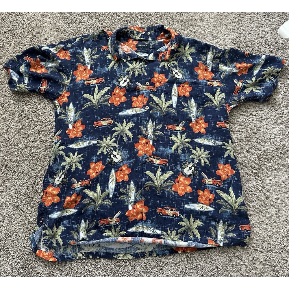 Nautica Shirt Men's XL Blue Button-Up Silk Tropical Floral Hibiscus Surf